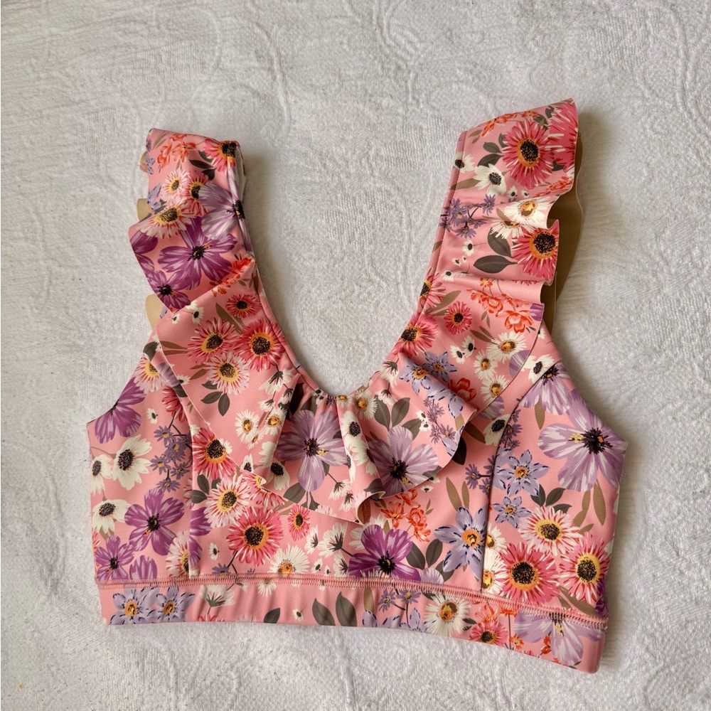 IVL Collective Floral Sports Bra Top Size 6 Pink Activewear Ruffle Crop - Picture 2 of 5